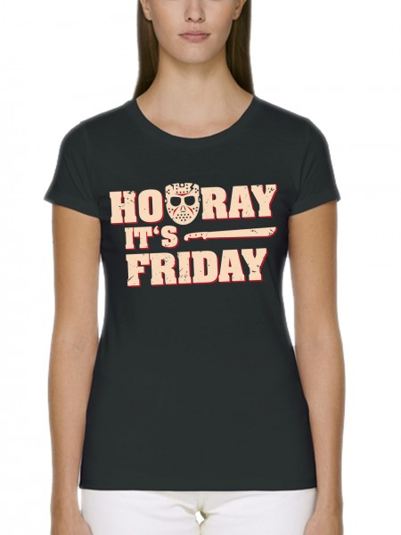 Hooray It is Friday Halloween Hockey Maske Horror Motiv Damen T-Shirt Fit Bio und Fair