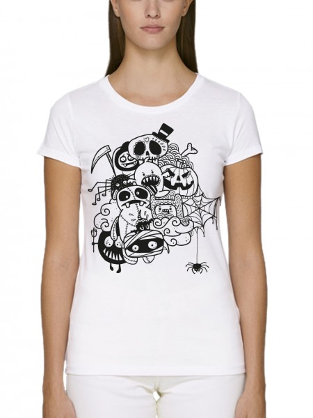 Damen T-Shirt Fit Bio und Fair Halloween Doodle/Schwarz